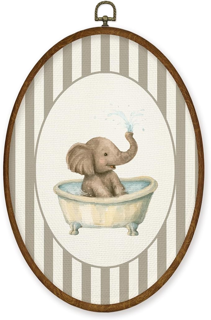 WULQYING Funny Elephant Kids Bathroom Wall Art Decor, Kids Oval Framed Canvas Art Prints, Whimsical Neutral Striped Elephant in Bathtub Wall Hanging Decor for Kids Bathroom Washroom, 8.5x11.4 Inches