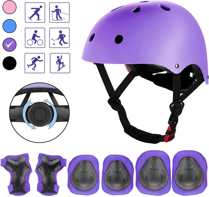 WayEee Kids Bike Helmet Set Skateboard Knee Pads, Helmet Pad Set Protective Gear Set Adjustable for Girls Kids 3-14 Helmet Elbow Pads Wrist Guards for Sport Cycling Bike Roller Skating Scooter