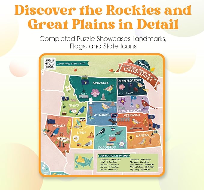 Geotoys Rockies & Great Plains Region Jigsaw Puzzle - Educational and Interactive Map Game - 250 Piece Puzzles - Jigsaw Puzzles for Kids Ages 8-12 - Kids Puzzle Games with Colorful Landmarks