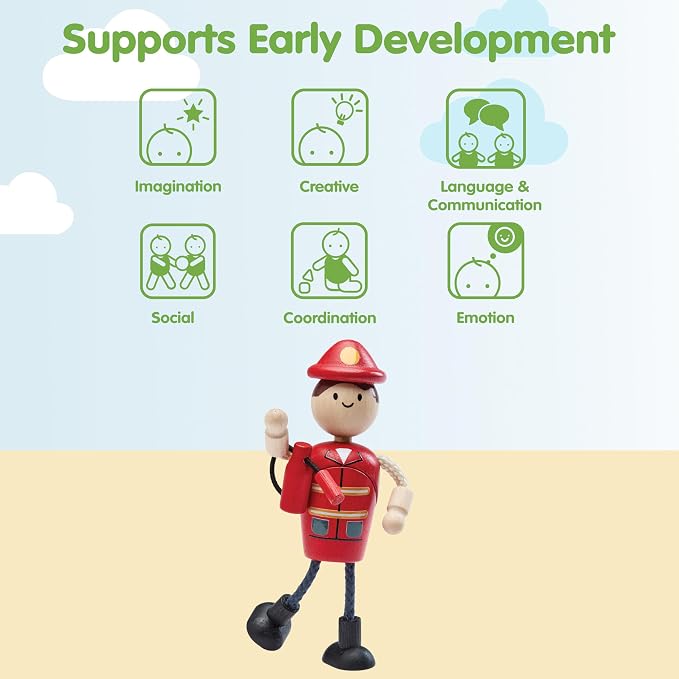PlanToys® Wooden Firefighter Doll | Poseable 1:12 Scale Figure for Dollhouse Play, Rescue Missions & Emergency Scenarios | Eco Friendly Montessori Pretend Play Figure