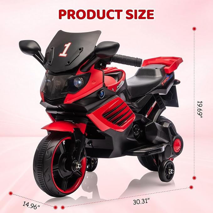 Garvee Kids 6V Ride On Motorcycle, Battery Powered Ride On Toys w/Treaded Tires, Working Headlight, Horn, Music, Training Wheels, Stable Electric Toddler Motorcycle for Kids, Gift for Boys Girls, Red