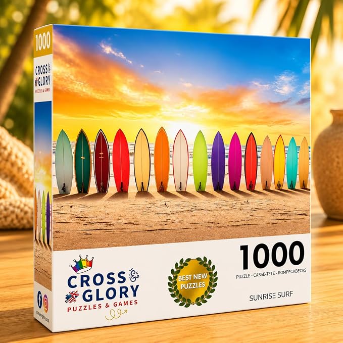Cross & Glory - Sunrise Surf - 1000 Piece Jigsaw Puzzle for Adults | Vibrant Beach Scene Artwork | Unique Gift Idea