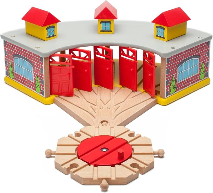 maxim enterprise, inc. Wooden Train Round House Combo with Rotating Turntable, Train Shed to House 5 Engines or Cars, Rotating Turntable Switching Track Compatible with Major Brand Railway Sets