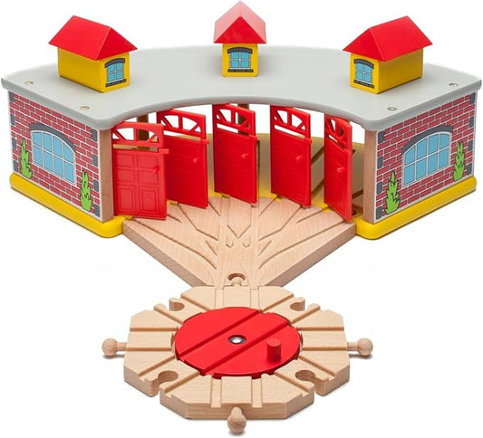 maxim enterprise, inc. Wooden Train Round House Combo with Rotating Turntable, Train Shed to House 5 Engines or Cars, Rotating Turntable Switching Track Compatible with Major Brand Railway Sets