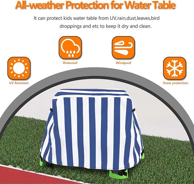 Kids Water Table Cover,Outdoor Heavy 600D Waterproof Anti-UV Dustproof Kids Water Play Table Cover,Compatible with Step2 Rain Showers Splash Pond Toddler Water Table,Blue Striped,Cover Only