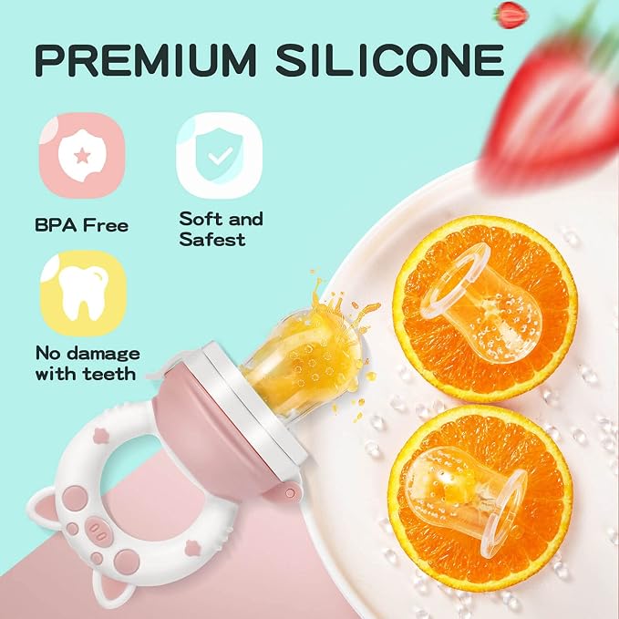 Baby Fruit Food Feeder Pacifier, Green & Gray, 2-Pack | Fresh Teething Pacifiers, 6 Pcs Silicone Pouches, For 3-24 Months, Piggy Handle