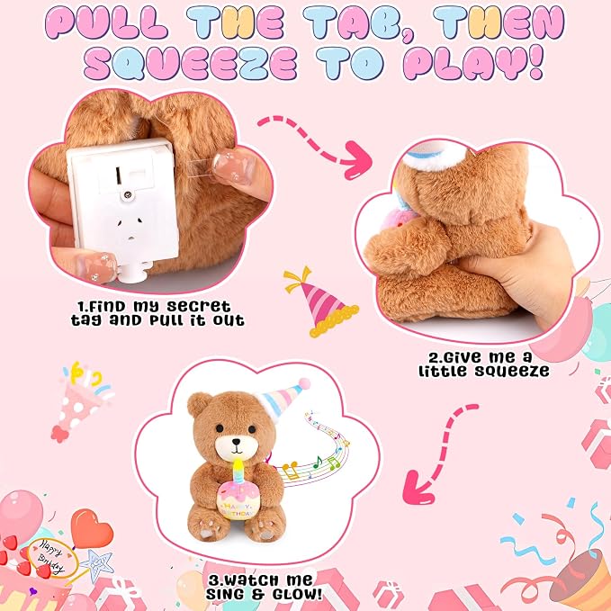 Birthday Teddy Bear Plush Toy- Happy Birthday Singing & Glow Stuffed Animal, Musical Dancing Bear Stuffed Animal with Light-Up Cake, Singing Toy Party Doll Decor Gift for Kids Boys Girls