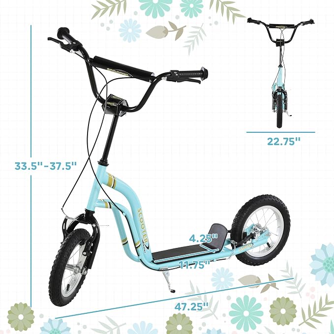 Aosom Kick Scooter with Dual Caliper Brakes, Big Wheels Kick Scooter for Ages 5+, 12-Inch Inflatable Front Wheel, Max Load 220lbs