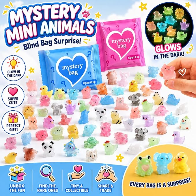 50 PCS Mystery Bag Mini Resin Animals, Glow in The Dark Tiny Animal Figurines Blind Bags Bulk, Cute Mini Resin Figures Surprise Box Toys for Kids, Classroom Prizes, Goodie Bag Stuffers, Party Favors