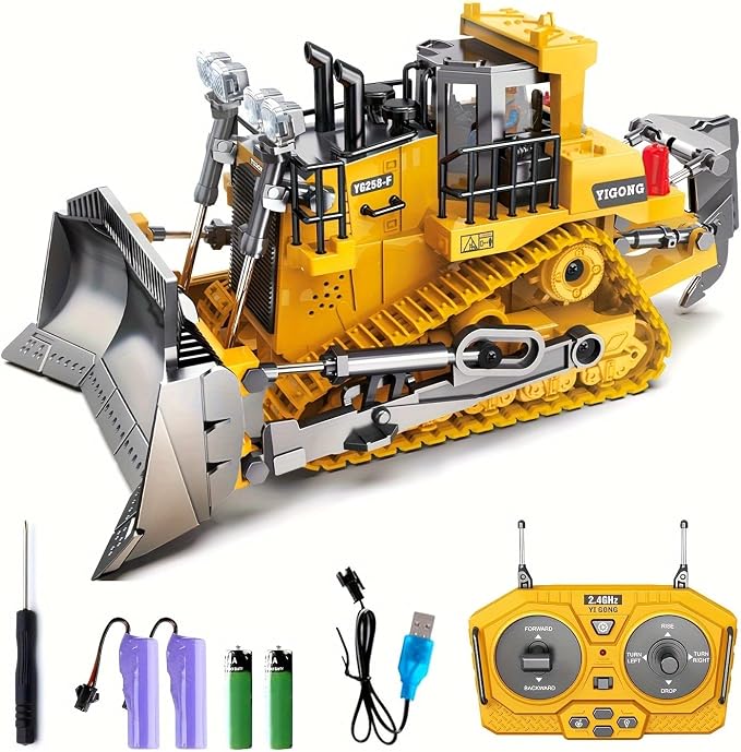 RC Bulldozer Toy for Kids,1:24 Scale 9-Channel Remote Control Track-Type Dozer with Light& Sounds,2 Rechargeable Batteries Dozer Construction Vehicle Toy for Boys Gift