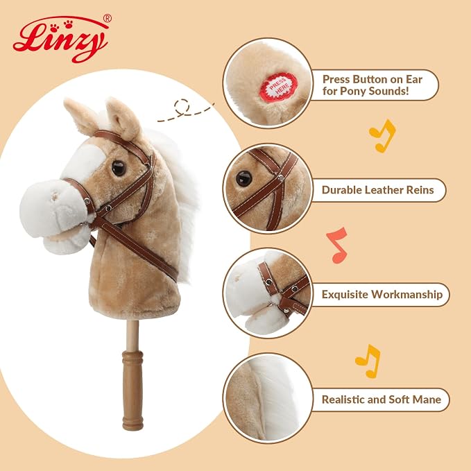 Linzy Toys 35.5" Plush Stick Horse - Funny Hobby Horse with Pony Sound, Soft Realistic Mane & Durable Leather Reins, Pretend Play Riding Toy for Boys & Girls Ages 3+ (Light Brown)