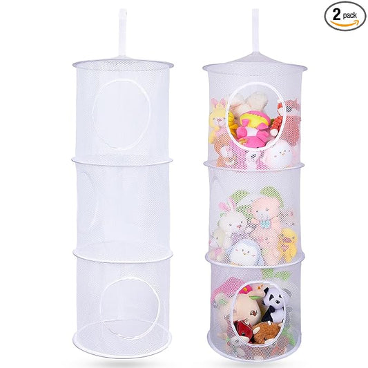 Basumee Stuffed Animals Net or Hammock 2 Pcs Stuffed Animals Storage Toy Net Hammock for Plushies Storage Organizer Mesh Kids Girls Room Decor, White, 3 Tiers