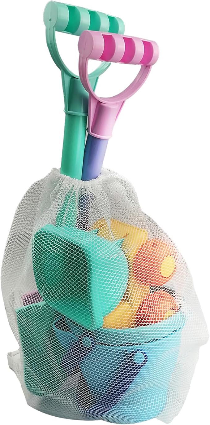 IOKUKI Long Shovels Sand Toys Set with Mesh Bag Including Dump Truck, Beach Buckets, Shovels, Rakes, Molds, Outdoor Beach Toy Tool Kit for Kids, Toddlers, Boys 1and Girls (15 PCS) Age 3+