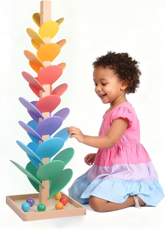 Wooden Marble Run Music Tree, Tumble Leaf Montessori Rainbow Singing Tree with Sound, Includes 12 Extra-Large 3cm Marbles Ball for Safer Play, Color Sorting STEM Learning Toy, Gift for Kids