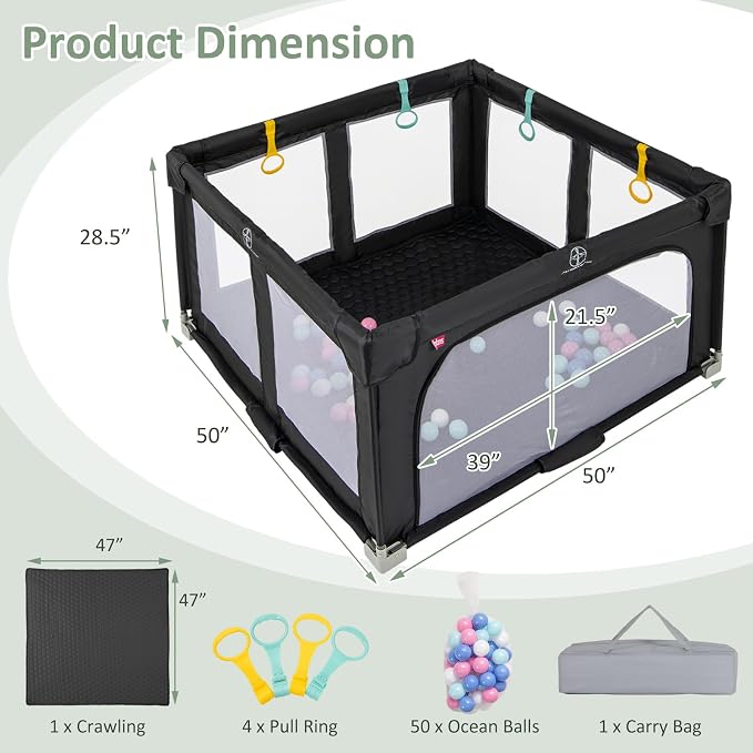 INFANS Foldable Baby Playpen with Mat, 50” x 50” Large Baby Play Yard for Infant with 50 Ocean Balls, 4 Handlers, Carry Bag, Indoor Outdoor Fence Toddler Activity Center (Black, 50” x 50”)