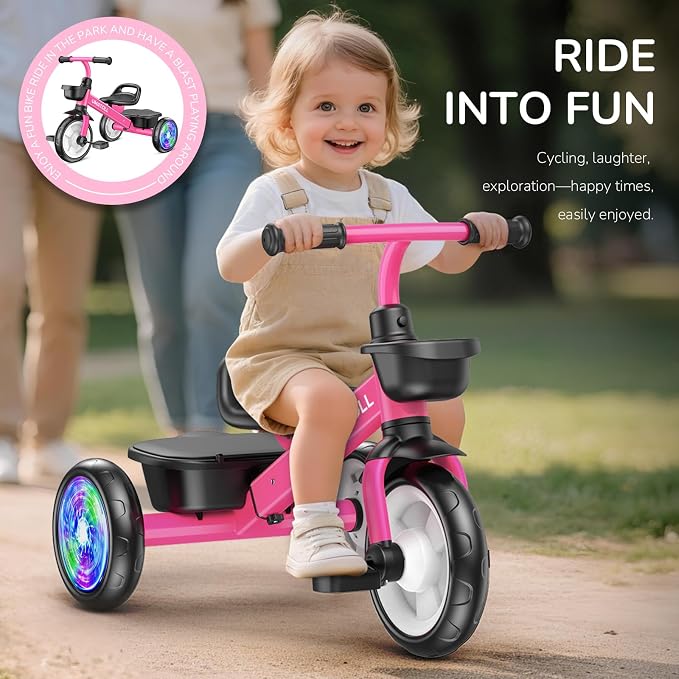 Umatoll Tricycle for Toddlers 2-5 Year Old, Ajustable Toddler Bike Outdoor Toys, Birthday Gift for Girl Boy Age 2-4, Trike with Light up Wheels (Rose)