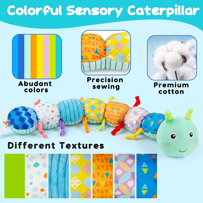Baby Tummy Time Toys 0-6 Month Musical Stuffed Animal Plush Caterpillar Toy for Infant 6-12 Month Teething Sensory Toy with Crinkle Rattle for Babies 0-3-6 Month Newborn Boy Girl Easter Basket Stuffer