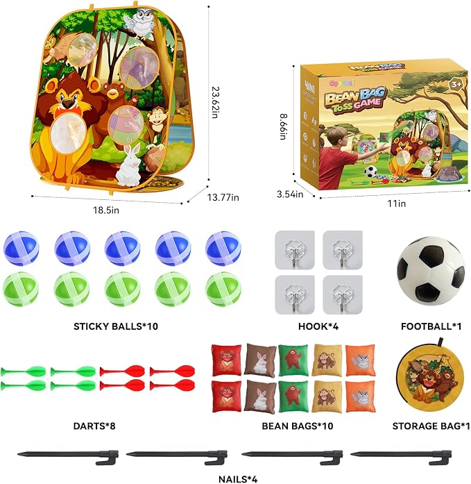 4-in-1 Animal Bean Bag Toss Game for Kids, Cornhole & Dart Board Set for Toddlers, Outdoor Toys for Family Party, Backyard, Beach & Lawn Activities, Gift for Boys and Girls Ages 3 4 5 6 7 8
