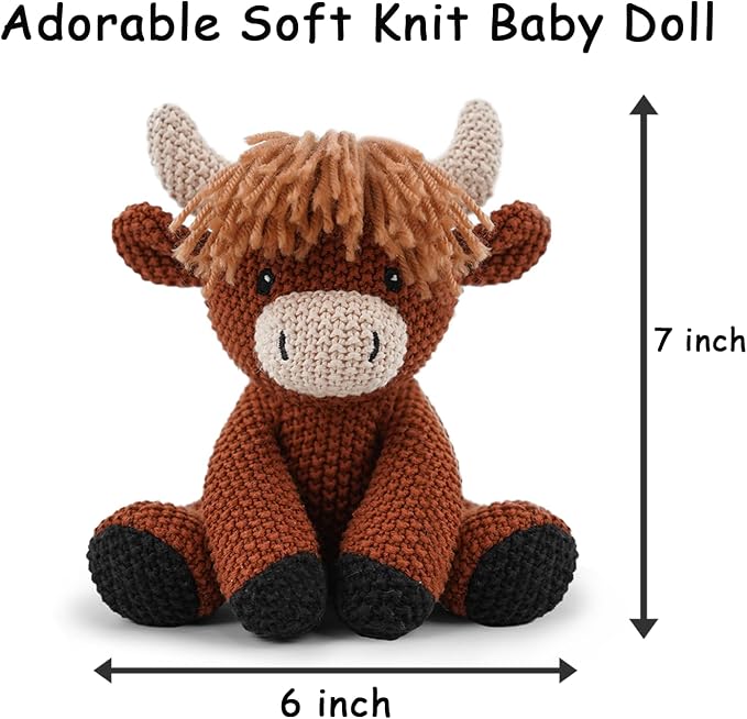 3Pcs Easter Stuffed Animals Toys for Girls 7-8 Inch Cute White Bunny Plush, Cuddly Highland Cattle Toy and Soft Crochet Lion Knitted Cotton Baby Plush Toy Gift for Kids and Newborns, Christmas