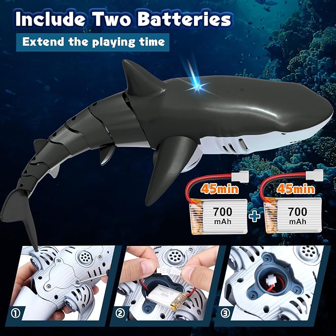 2.4Ghz RC Pool Toys Remote Control Shark for Boys Kids, Highly Realistic Shark Pool Toys for Kids, RC Boat Outdoor Water Toy with Light and Spray Water for Boys Girls Ages 6+ (with 2 Batteries)