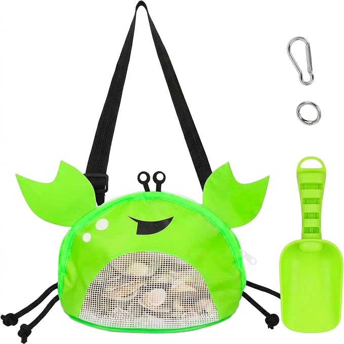 AMOR PRESENT Mesh Baby Beach Bag, Shell Collecting Bag with Shovel Crab-Shaped Adjustable Strap for Holding Shell Sea Pool Sand Toy, Green