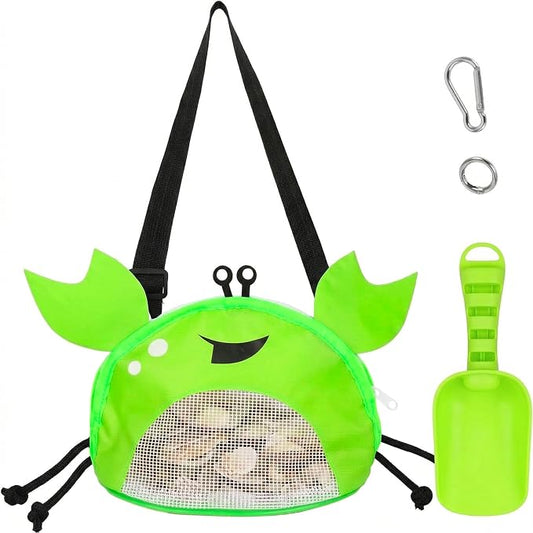 AMOR PRESENT Mesh Baby Beach Bag, Shell Collecting Bag with Shovel Crab-Shaped Adjustable Strap for Holding Shell Sea Pool Sand Toy, Green