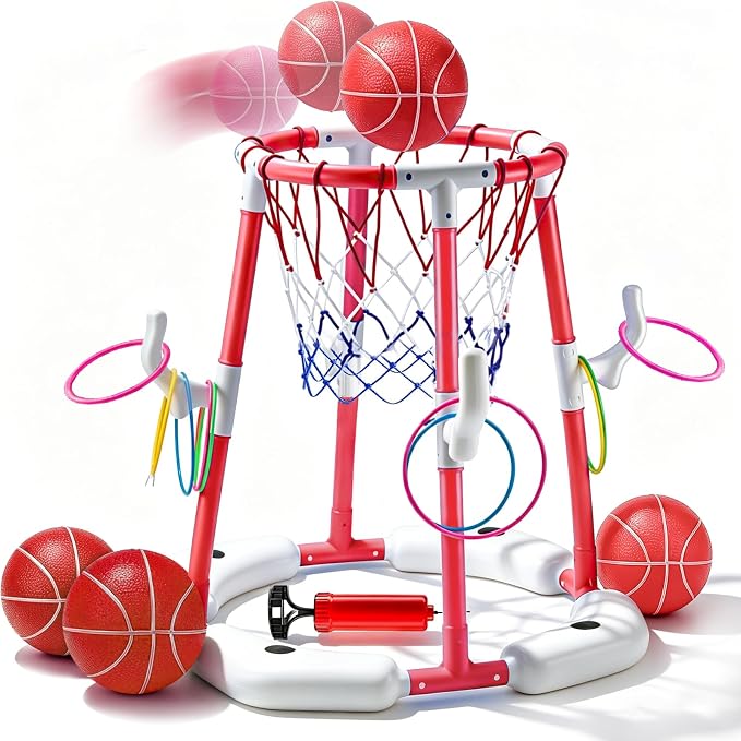 Pool Basketball Hoop with 4 Balls & 12 Rings, 2-in-1 Floating Pool Toys for Kids Adults, Water Game for Indoor Outdoor Swimming Backyard Party, Portable Summer Gifts for Boys Girls Ages 8-12, Red