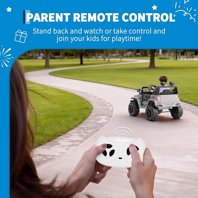 Hetoy 12V Ride on Toys with Parent Remote Control Toddler Electric Vehicle with Spring Suspension, LED Lights, Bluetooth, Music Player, 3 Speeds Ride on Car Truck for Kids Age 3-8 (Grey)