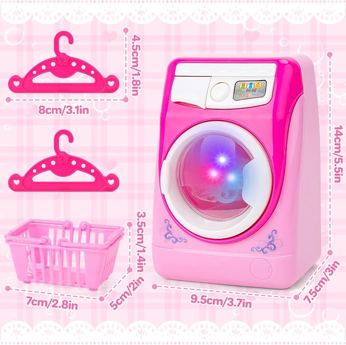 deAO Washing Machine Toy for Kids Dollhouse Furniture Pretend Play Household Appliance Laundry Play Set with Rotatable Roller for Boys Girls