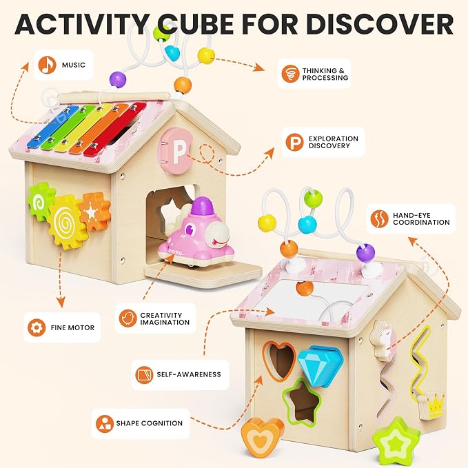 9-in-1 Wooden Activity Cube, Montessori Baby Activity Center Toys for 1+ Year Old Boys & Girls, Unicorn Theme Baby Cube with Car Toys & Shape Sorter, Educational Toy for Toddlers, Ideal Baby Gift