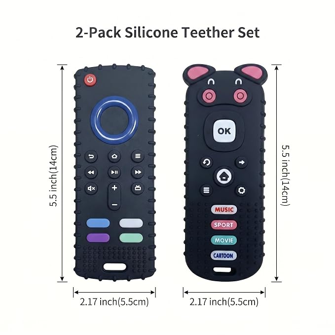 SOLIFEGOBLE 2 Pack Silicone Teething Toys, Cute Pig-Shaped Remote Control Style Teethers for Babies 6-18 18-24 Months, BPA-Free Soft Chew Toys for Teething Relief (Black)
