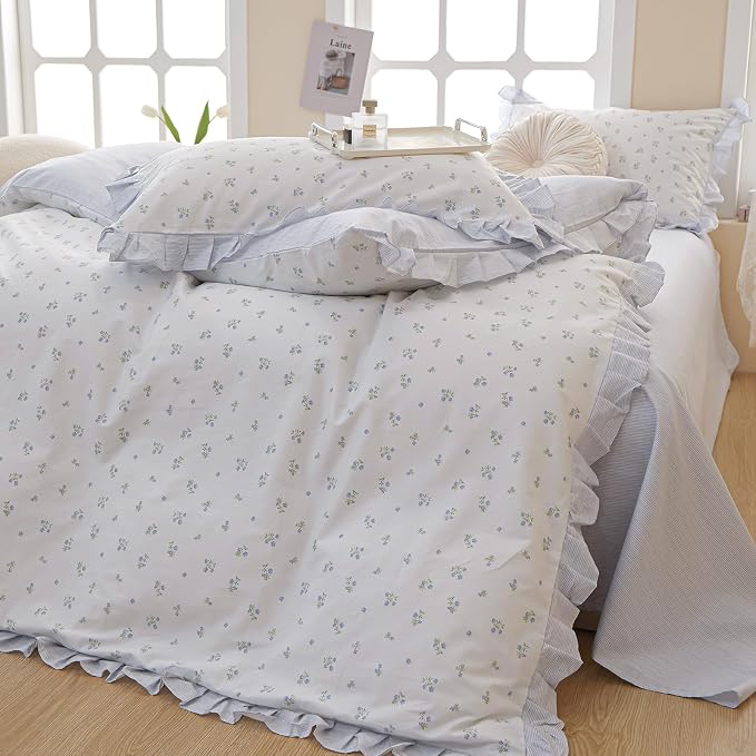 Reversible Ruffle Comforter Set Full Size Vintage Botanical Floral Bedding Comforter with 2 Pillowcases Boho Blue Floral Comforter Girls Flowers Coquette Bedding Set Fluffy Farmhouse Bed Comforter Set