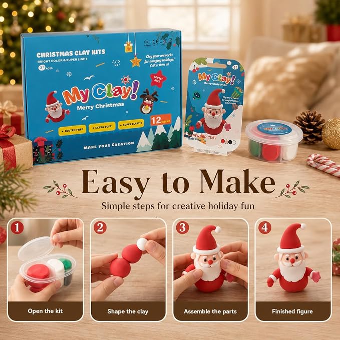 Air Dry Clay for Kids, 12 Christmas Modeling Clay DIY Model Magic Clay Kit with Tools&Tutorials, Soft&Non-Sticky, Safe&Non-Toxic, Creatible Art Crafts Toys Gifts for Kids,Christmas Crafts Xmas Gift