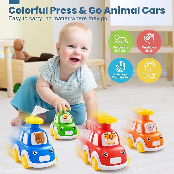 TooyBing Press and Go Car Toys for Toddlers 1-3, 4 Pack Animal Baby Car Toys for 1 2 Year Old Boy, Push Go Friction Vehicle Toys for Infants 12-18 Months, One First Birthday Gifts for Boys Girls