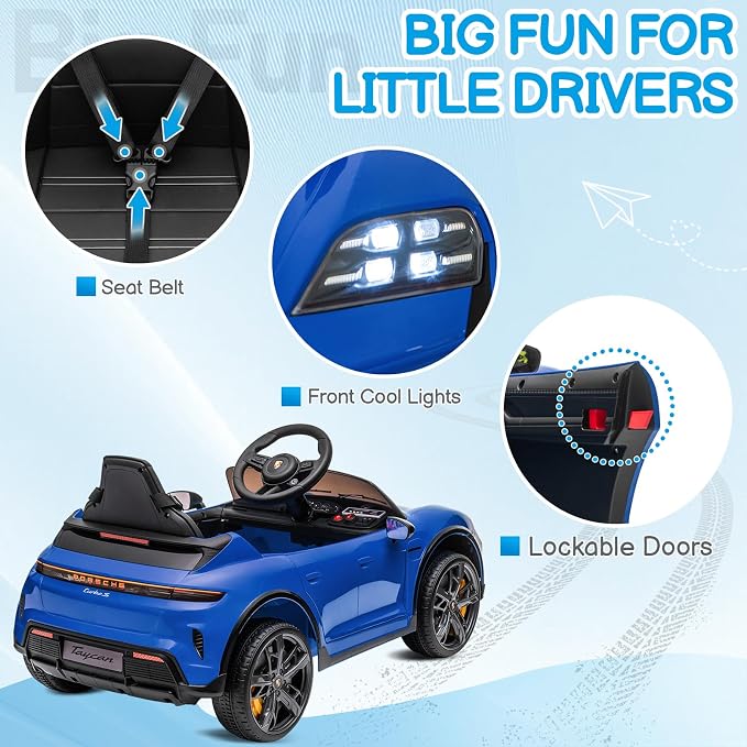 Winado 12V Kids Ride on Car, Licensed Porsche Taycan Electric Car for Toddlers, Battery Powered Ride on Vehicle W/Remote Control, with Bluetooth, 3 Speeds, LED & Rear Lights, Music & Horn (Blue)