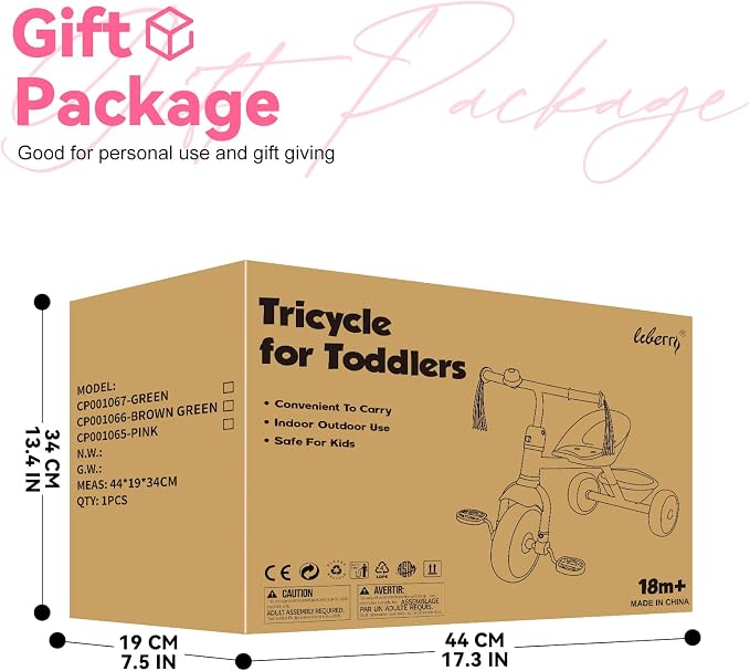 Liberry Toddler Tricycle Age 2 3 4 Years Old, Kids Trike with Bell, Back Basket and Removable Pedal, 3 Wheel Bike Birthday Toys Gift for Girls Boys, Pink