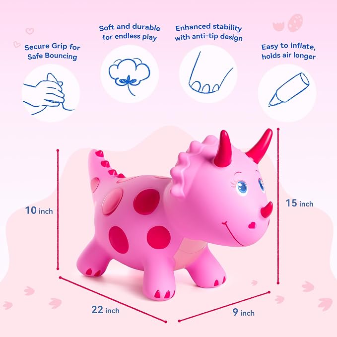 ZOOJOY Dinosaur Bouncy Animal Hopper, Inflatable Bouncy Hopping Toys for Toddlers 1-3, Ride-on Bouncing Toys for ChristmasBirthday Gifts for Boys Girls, Pink Gril Toys WFree Pump