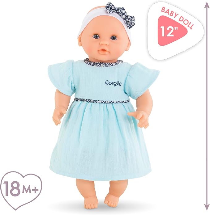 Corolle Bébé Calin Maud - 12" Soft Girl Baby Doll with Vanilla Scent, Blue Outfit & Sleeping Eyes for Girls Ages 18 Months+, Cute Reborn Realistic Baby Dolls for 2 Year Old Girls