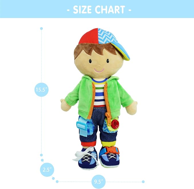 June Garden Personalized Dressy Friends Terry - Educational Stuffed Plush Doll for Kids and Toddlers 2 Years and Up - Montessori Buckle Soft Toy