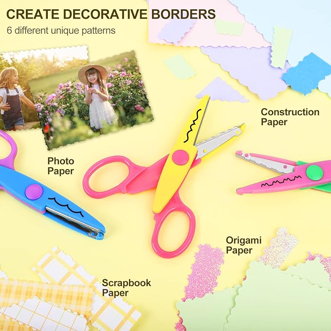 UCEC 6 Pack Craft Scissors with Decorative Edges, Rainbow Color Paper Edging Scissors Set with 6 Unique Zig-Zag Patterns for Scrapbooking, Card Making, and Kids DIY Art Crafts