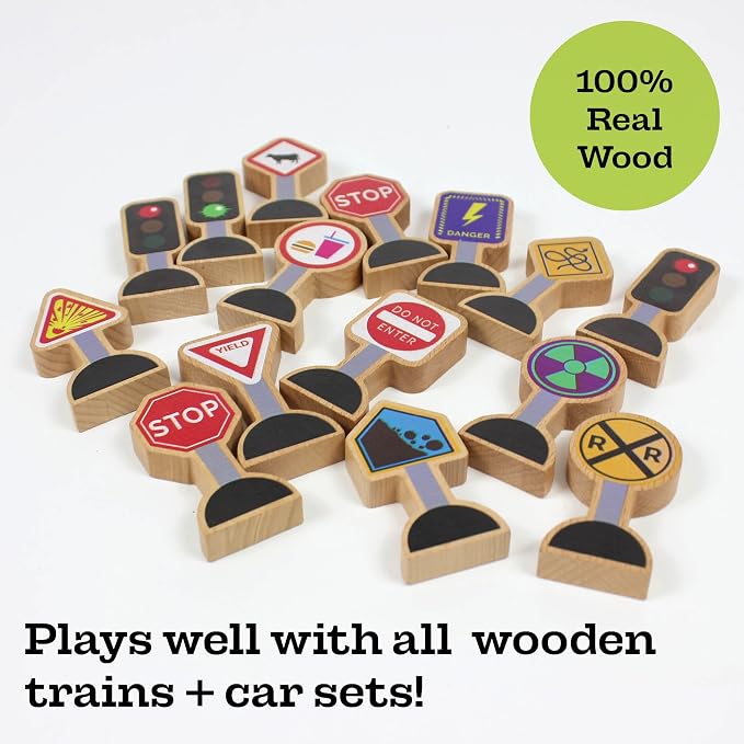15 Pieces - Wooden Traffic Signs For Kids - Zany Street Signs for Play Mats, Toy Trains and Cars - Wooden Street Signs Road Signs - Educational Preschool Train Track Accessories - Zany Trains Series 2