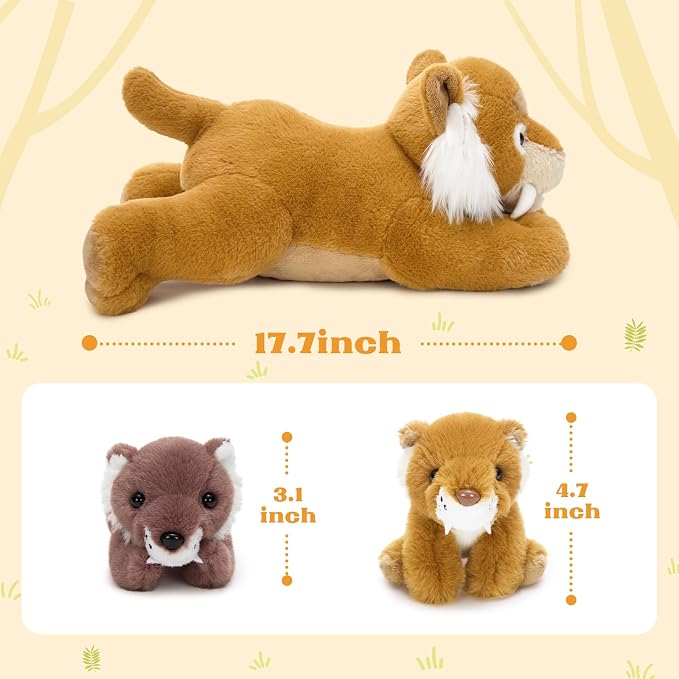 Tezituor Tiger Stuffed Animal,Tigers Plush Toys Set,17.7in Large Mommy Smilodon with 2 Babies,Realistic Wild Saber Tooth Tigers Plushie Stuffy Gift for Kids Boys Girls Easter Valentines Christmas
