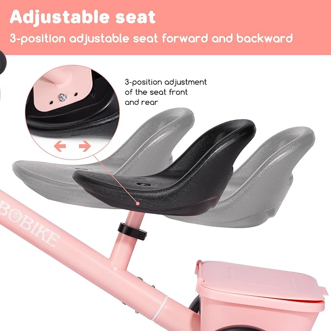 Bobike Toddler Tricycle for Ages 2-5 Years, Tricycle with 2 LED Light Wheels, Toddler Bike with 3-Position Seat and Rear Basket, Kids Bike Gift for Boys & Girl (Pink)