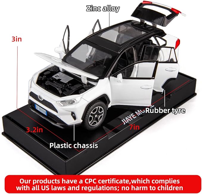 WAKAKAC Model Car 1/32 RAV4 Alloy Diecast Collectible Toy Car with Light and Sound Toy Vehicle Door Can Be Opened for Boys Kids Toddler Gift (White)