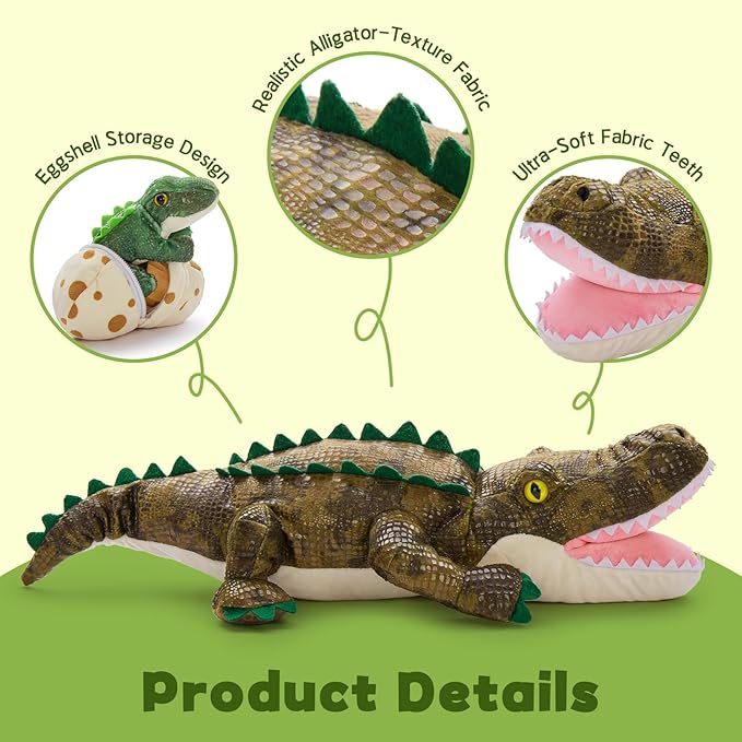 MorisMos Plush Alligator Stuffed Animal with Babies, 23.6'' Mommy Stuffed Alligator with 3 Baby Crocodile Animals & 3 Plush Eggs, Lifelike Crocodile Toys for Kid 3-5 Birthday Decor