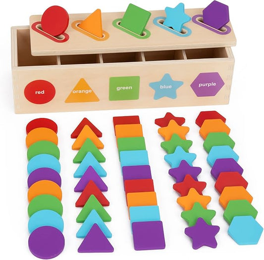 KMTJT Montessori Toys for 1 2 3 Year Old | Wooden Color & Shape Sorting Matching Toys | Learning Educational Toys for 1-3 Year Old Kids | One 1st 2st Birthday Gift for Boy Girl