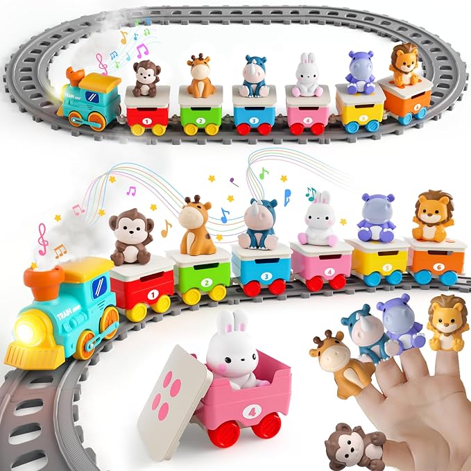 Zoo Animal Train Toys for Toddlers 2-4, Kids Electric Train Set with Music, Steam & Lights, Montessori Learning Toys with Finger Puppets, Christmas Birthday Gifts for Boys Girls Age 18 Months+