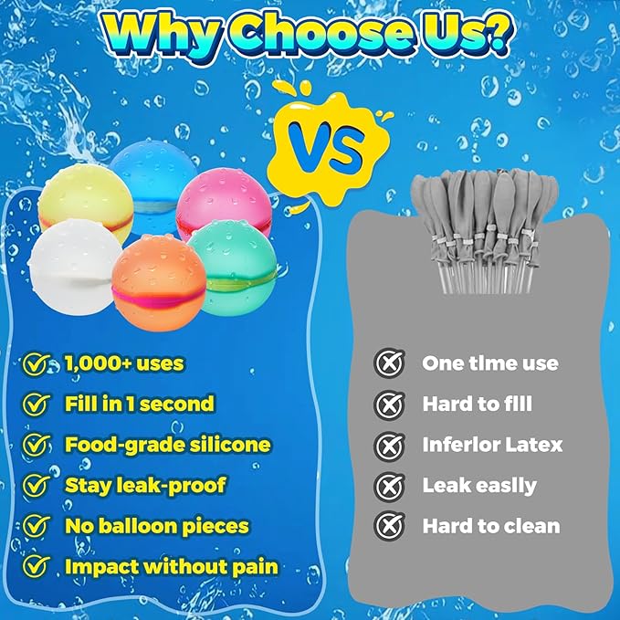 24 Pcs Reusable Water Balloons, Self-Sealing Refillable Water Balls, Pool Toys for Kids Ages 4-14, Pool Beach & Outdoor Water Ballons