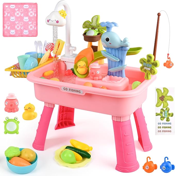 Kids Sand Water Table — 4-in-1 Kitchen Sink Toy with Electric Water Pump, Faucet, Play Food Accessories & Fishing Set, for Boys & Girls Age 3+ (Pink-Cloud)