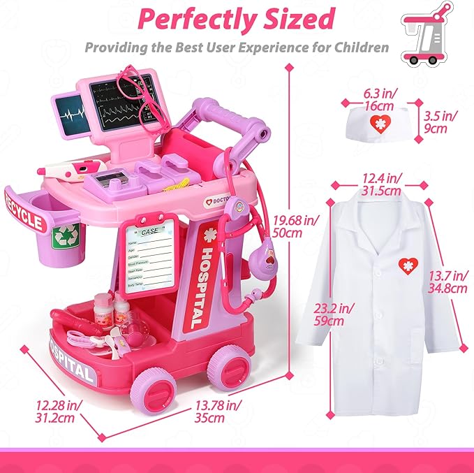 Liberry Doctor Kit for Toddlers Ages 3 4 5, Pretend Kids Doctor Playset with Cart, Costume and Stethoscope, Role Play Medical Toys Birthday Gift for Girls Boys (Pink)
